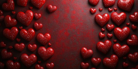 Poster - Red hearts scattered on a solid black background creating a simple and striking visual composition valentine day