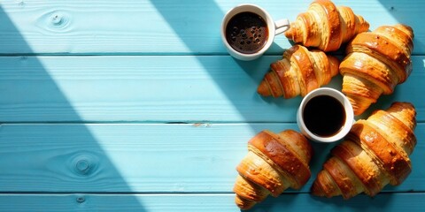 Poster - Sunny Morning Delight Buttery Croissants and Aromatic Coffee on a Blue Wooden Table