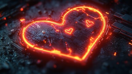 Poster - Heart shaped circuit board with red neon lights on dark background technology concept valentine day