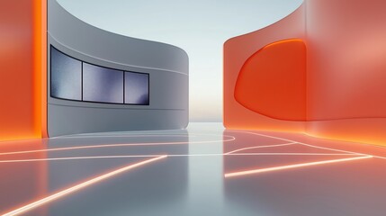 Leinwandbilder - Modern virtual studio background suitable for news broadcasts online shows. Empty room with gray, orange walls. Multiple screens visible showing media content. Futuristic feel created by glowing