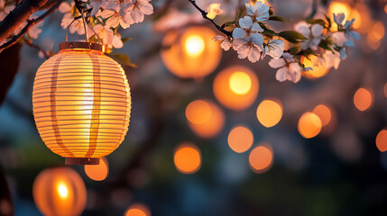 Poster - Glowing lanterns and cherry blossoms create a serene spring evening ambiance