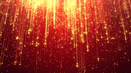 Poster - Glowing golden particles and streaks on a vibrant red festive background