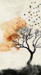 Wall Mural - Silhouetted tree releasing autumn leaves against a textured background