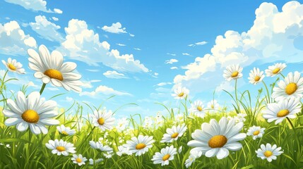 Wall Mural - Field of Daisies Under Blue Sky