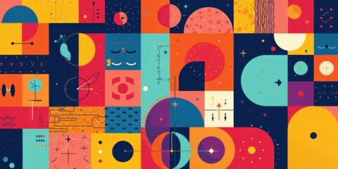 Aufkleber - Abstract Geometric Mosaic Design Featuring Vibrant Colors and Symbolic Shapes
