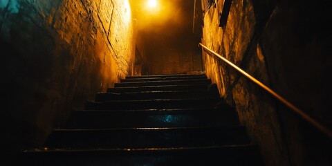 Aufkleber - A captivating view of an illuminated staircase leading upwards. The warm light casts unique shadows on the walls. This evocative image evokes mystery and intrigue. Perfect for artistic projects. AI