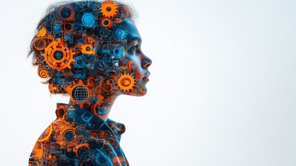 Leinwandbilder - Futuristic human head with mechanical gears and digital elements, symbolizing artificial intelligence, technology, cybernetics, innovation, digital age, and the fusion of human cognitio, Generative AI
