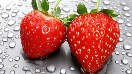 Sticker - Juicy Red Strawberries with Water Droplets on Grey Background