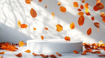 Wall Mural - Autumn Leaves Falling on White Pedestal