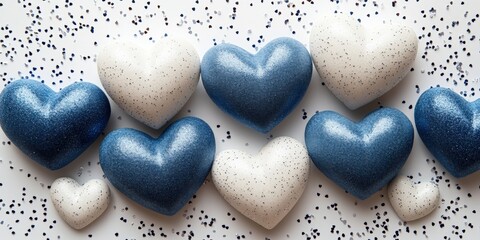 Poster - Group of blue and white heart shapes arranged on a plain white background for decorative purposes valentine day