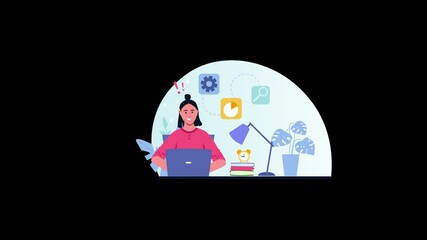 Poster - A young woman of Asian descent working on a laptop in a cozy home office setting, surrounded by plants and study materials.