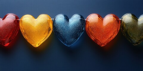 Poster - Row of heart shaped glass pieces arranged in a decorative pattern on a smooth surface valentine day