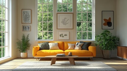 Wall Mural - A bright living room with large windows, an orange couch, and decorative plants.