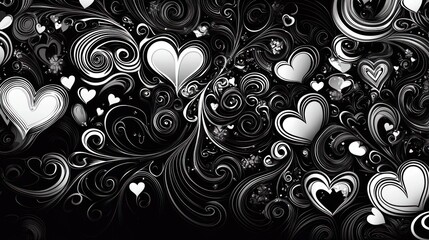 Wall Mural - A black-and-white abstract love pattern with hearts and swirls.