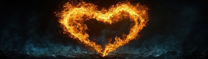 Poster - Heart shaped fire burning brightly in a dark room illuminating the surrounding space valentine day