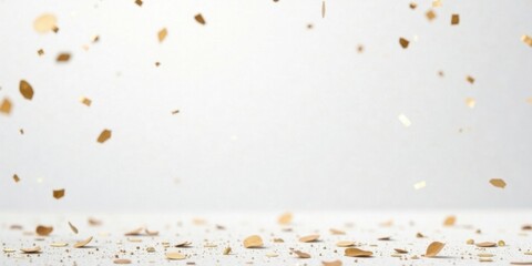 Poster - Golden confetti falling on a white surface; celebratory background