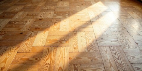 Aufkleber - Sunlight Illuminates a Warm Wooden Parquet Floor with a Diagonal Pattern