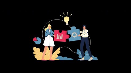 Poster - Two individuals collaborating on a project with puzzle pieces, showcasing teamwork and creativity.