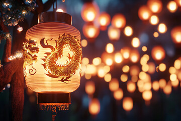Poster - Glowing Traditional Lantern with Dragon Design at Night Festival