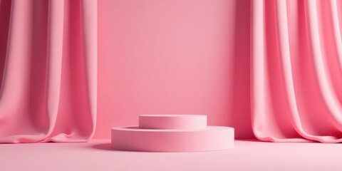 Poster - Pink Draped Stage with Two-Tiered Pedestal for Product Display