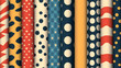 © Jiajia - Vintage-inspired geometric patterns featuring stripes, polka dots, and abstract designs in retro color tones. Ideal for backgrounds, wrapping paper, and graphic design projects.