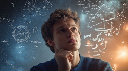 Fototapete - Man Deep in Thought with Floating Digital Formulas and Network Structures, Representing Intelligence, AI, and Advanced Thinking in a Futuristic Setting, Generative AI