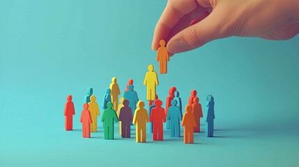 Poster - Hand Highlighting a Colored Figure from a Diverse Group, Representing Leadership, Talent Selection, and Workforce Diversity in Professional Environments, Generative AI