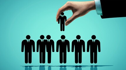 Poster - Hand Selecting a Blue Human Figure from a Group, Representing Leadership, Recruitment, and Decision-Making in Business and Workforce Management, Generative AI