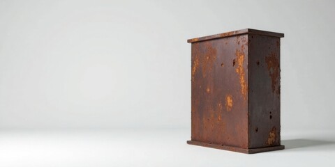Poster - Rustic, weathered metal cube on a minimalist background. A study in texture and form.