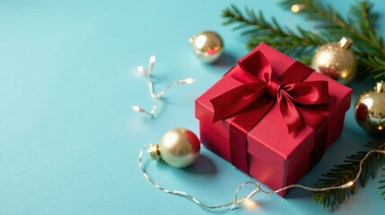 Aufkleber - A Festive Red Gift Box with Ornaments and Fairy Lights on a Blue Background