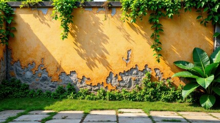 Aufkleber - Sunlit Weathered Wall with Lush Greenery and Stone Path