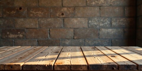Poster - Rustic Wooden Tabletop Against a Weathered Brick Wall Background