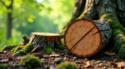Aufkleber - Tranquil Forest Scene Sunlit Tree Stump and Cut Log Resting on Mossy Ground