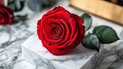 Sticker - Elegant red rose resting on marble surface with green leaves nearby