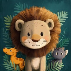 Wall Mural - Adorable Lion Cub with Friends in Lush Foliage