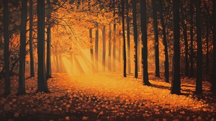 Wall Mural - Sunlight filters through trees in a golden autumn forest with fallen leaves creating a warm glow