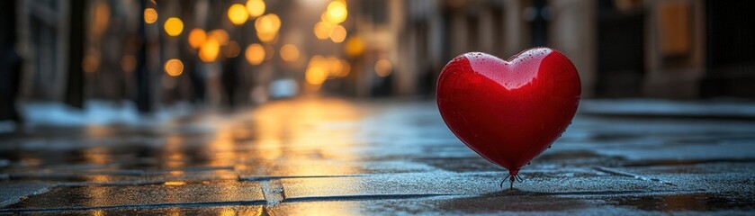 Poster - Red heart shaped object on a wet sidewalk with water droplets and reflections in the background valentine day