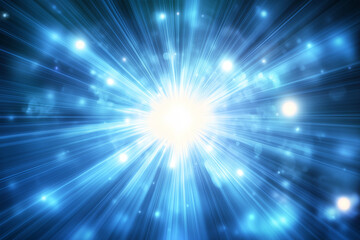 Poster -  bright blue light with many small white dots surrounding it. The light is shining brightly and the dots are scattered all around it