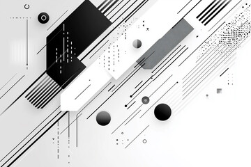 Poster - black and white abstract design with a white background. The design is made up of various shapes and lines, including circles, squares, and triangles. Scene is modern and minimalist