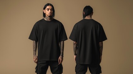 Fashionable oversized black t-shirt mockup displayed from front and back for apparel branding and design