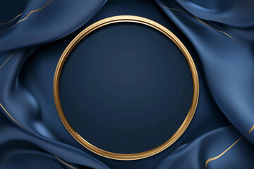 Poster - blue and gold fabric with a gold frame. the frame is round and the fabric is draped over it