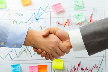 Poster - Two men shaking hands in front of a white board with graphs and colorful sticky notes. Scene is professional and business-like