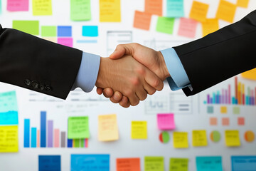 Poster - Two men shaking hands in front of a wall covered in colorful sticky notes. Scene is professional and friendly