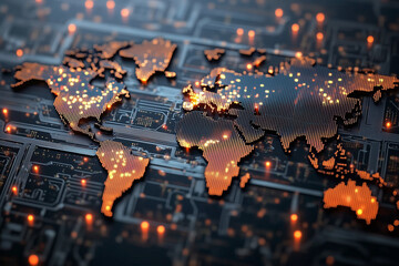 Poster - computer generated image of a globe with a lot of lights on it. The globe is surrounded by a lot of wires and circuits