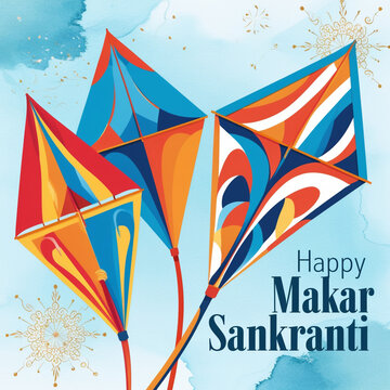 Indian festival Happy Makar Sankranti poster design with group of colorful kites flying