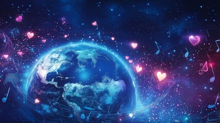 Poster - Planet Earth in a Starry Universe Surrounded by Hearts and Musical Notes, Celebrating Global Love, Harmony, and Artistic Inspiration, Generative AI