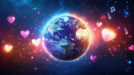 Poster - Planet Earth in a Starry Universe Surrounded by Hearts and Musical Notes, Celebrating Global Love, Harmony, and Artistic Inspiration, Generative AI