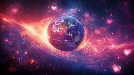 Poster - Planet Earth in a Starry Universe Surrounded by Hearts and Musical Notes, Celebrating Global Love, Harmony, and Artistic Inspiration, Generative AI
