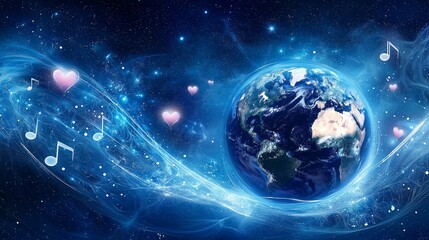 Poster - Planet Earth in a Starry Universe Surrounded by Hearts and Musical Notes, Celebrating Global Love, Harmony, and Artistic Inspiration, Generative AI