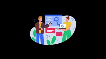 Poster - Two diverse individuals, one male and one female, collaboratively working on technology-related tasks in a colorful digital environment.